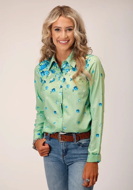 Roper Womens 1545 Summer Floral Green 100% Polyester L/S Shirt