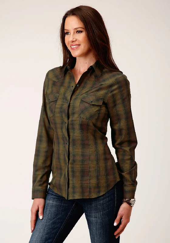 Roper Womens 55/45 Plaid Black/Gold Cotton Blend L/S Shirt