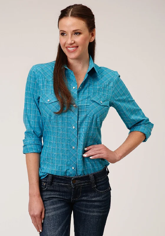 Roper Womens 55/45 Windowpane Turquoise Cotton Blend L/S Shirt