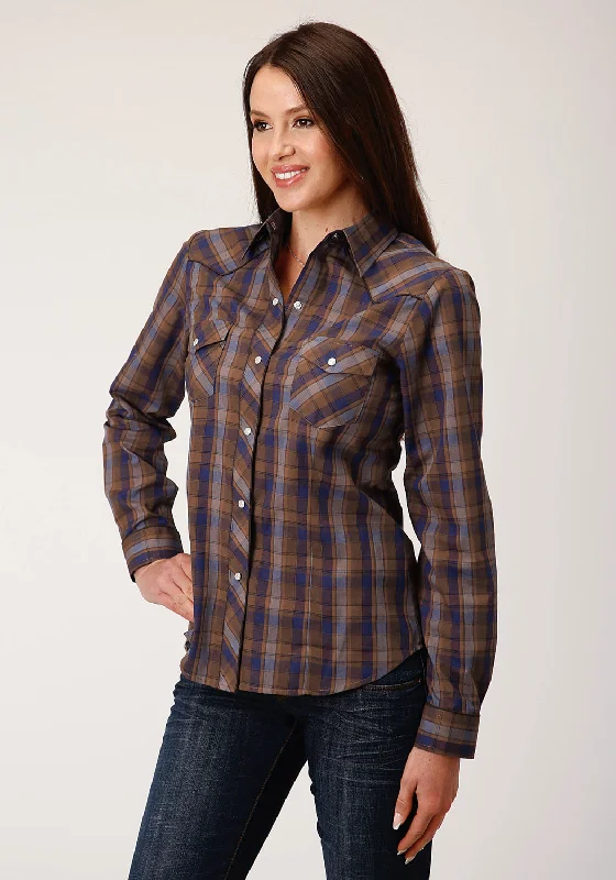 Roper Womens Camel Brown Plaid Blue Cotton Blend L/S Shirt