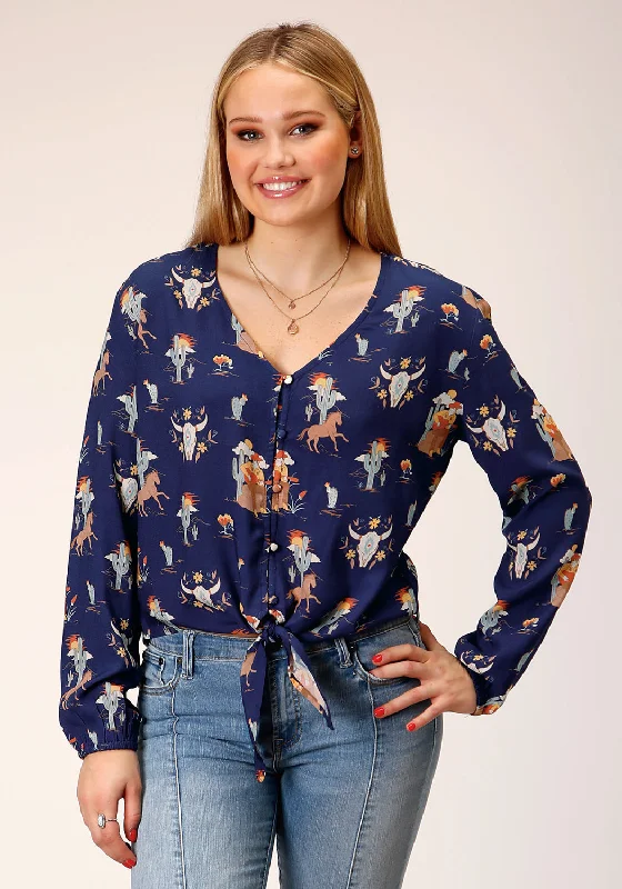 Roper Womens Cowboy Toile Blue Rayon/Nylon L/S Blouse