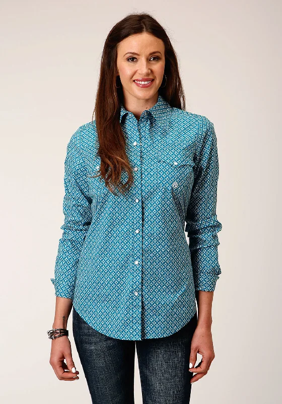 Roper Womens Diamond Print Turquoise Cotton Blend L/S Shirt