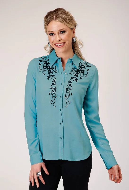 Roper Womens Floral Challis Blue 100% Rayon L/S Blouse