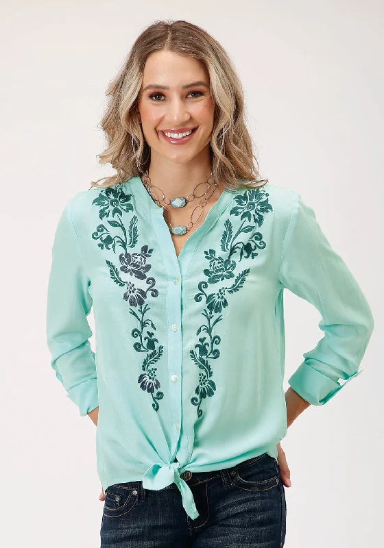 Roper Womens Floral Long Tails Aqua 100% Rayon L/S Blouse