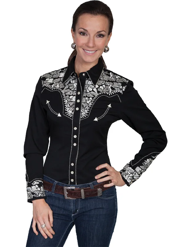 Scully Western Womens Silver Polyester L/S Floral Stitch Western Shirt L