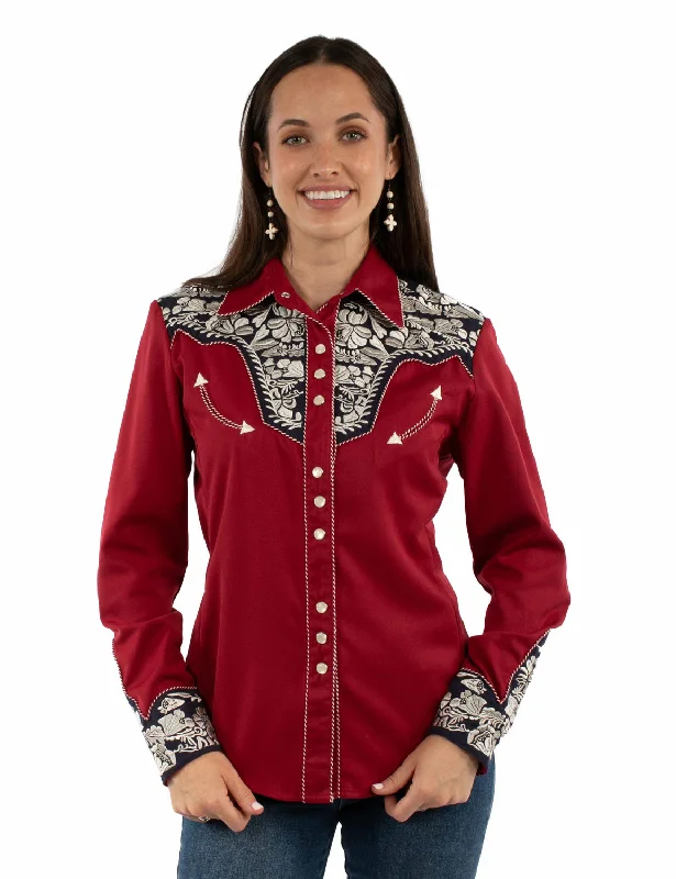 Scully Womens Floral Yoke Embroidery Red/White/Blue Poly/Rayon L/S Shirt S