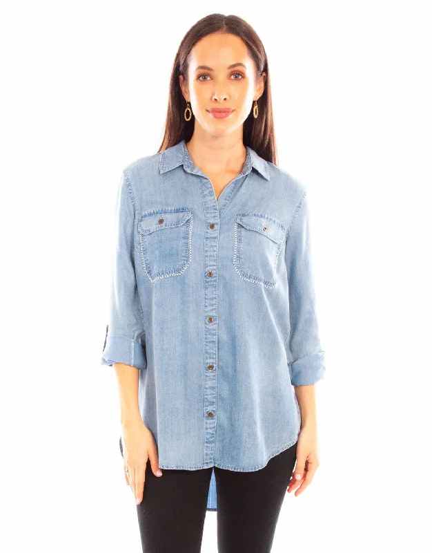 Scully Womens Lace-Up Hi-Lo Blue 100% Tencel L/S Shirt