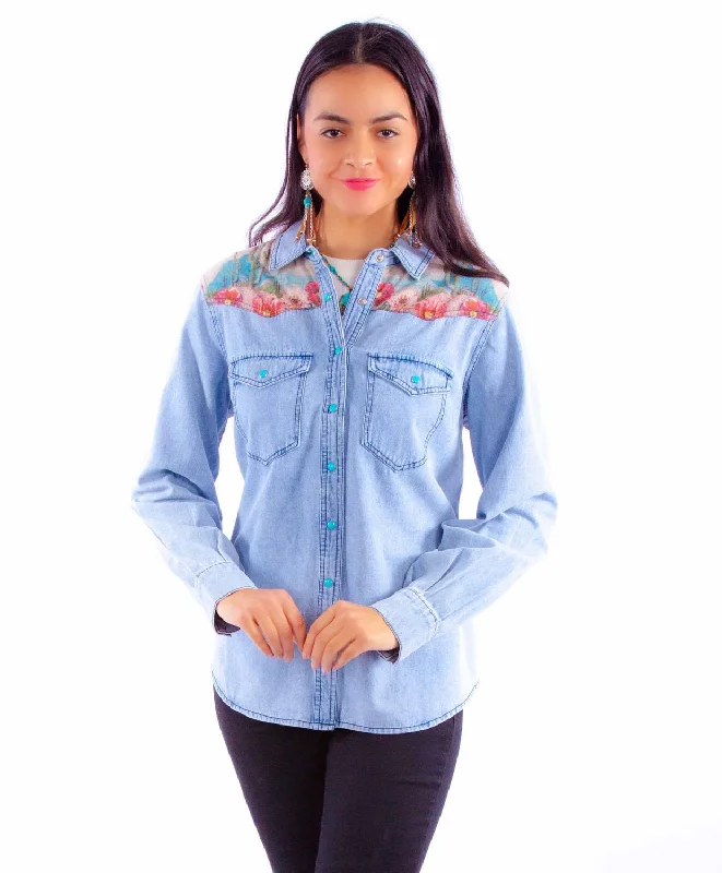 Scully Womens Microfiber Cactus Scene Denim Cotton Blend L/S Shirt