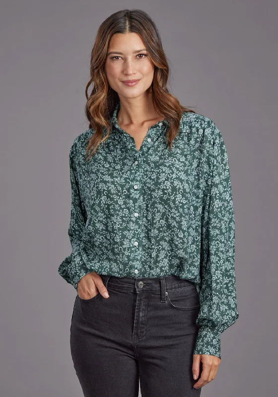 Stetson Womens Lucky Littl Floral Green 100% Rayon Button L/S Blouse