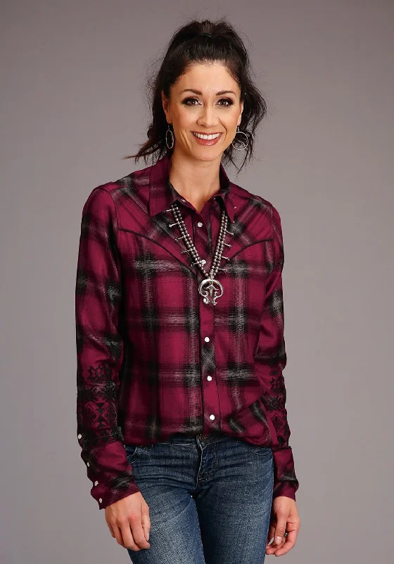 Stetson Womens Western Plaid Wine 100% Rayon L/S Shirt